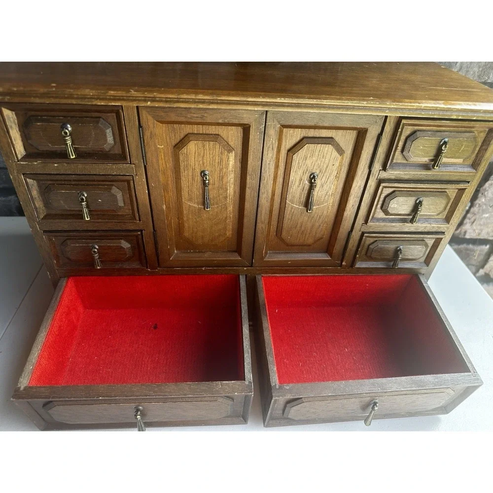 Vintage MCM Kellerman Wooden Jewelry Keepsake Box Case Chest 11 Drawers Cottage
